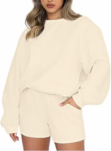 HOOKLZO Women 2 Piece Outfits Lounge Set Oversized Sweatsuit Shorts Long Sleeve Pajamas Sweatshirt Tacksuit Set in Saudi Arabia