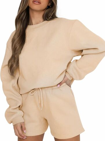 HOOKLZO Women 2 Piece Outfits Lounge Set Oversized Sweatsuit Shorts Long Sleeve Pajamas Sweatshirt Tacksuit Set in Saudi Arabia