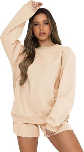 HOOKLZO Women 2 Piece Outfits Lounge Set Oversized Sweatsuit Shorts Long Sleeve Pajamas Sweatshirt Tacksuit Set in Saudi Arabia