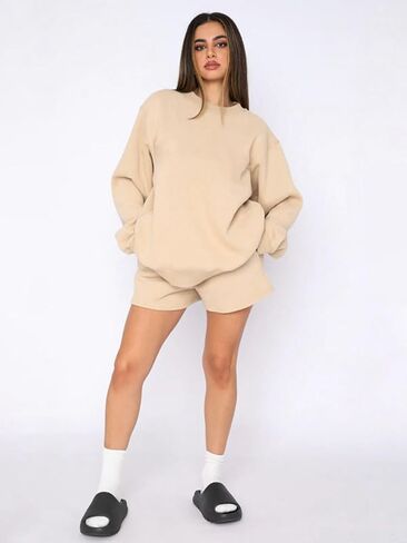 HOOKLZO Women 2 Piece Outfits Lounge Set Oversized Sweatsuit Shorts Long Sleeve Pajamas Sweatshirt Tacksuit Set in Saudi Arabia