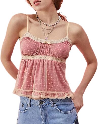 Women Cute Bow Front Cami Top Sleeveless Lace Patchwork Camisole Bow Tie Crop Tank Top Y2K Going Out Slim Fit Shirt in Saudi Arabia