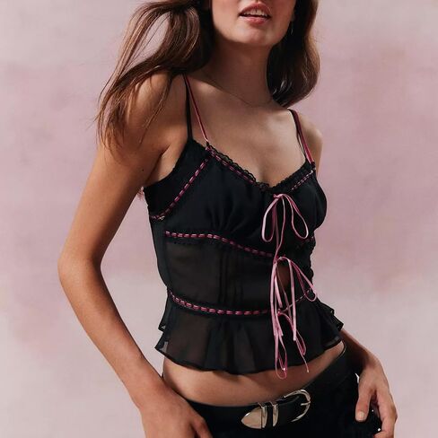Women Cute Bow Front Cami Top Sleeveless Lace Patchwork Camisole Bow Tie Crop Tank Top Y2K Going Out Slim Fit Shirt in Saudi Arabia