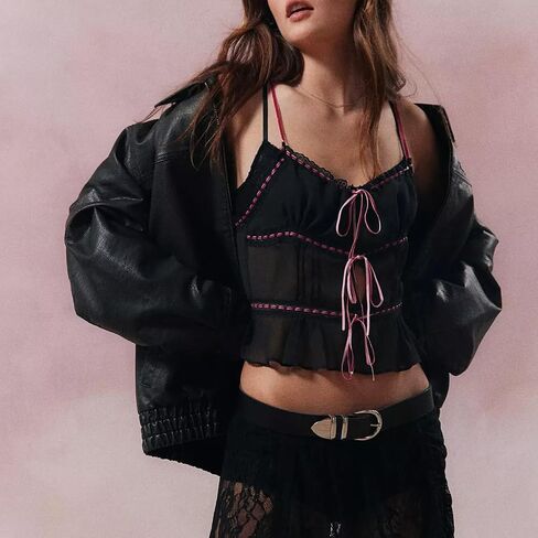 Women Cute Bow Front Cami Top Sleeveless Lace Patchwork Camisole Bow Tie Crop Tank Top Y2K Going Out Slim Fit Shirt in Saudi Arabia