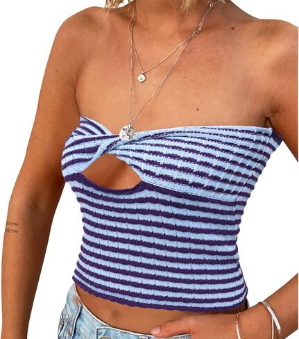 ACOSAP Women's Sexy Crop Top Sleeveless Striped Print Ribbed Knit Stretchy Strapless Tube Top in Saudi Arabia