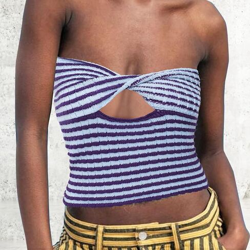 ACOSAP Women's Sexy Crop Top Sleeveless Striped Print Ribbed Knit Stretchy Strapless Tube Top in Saudi Arabia