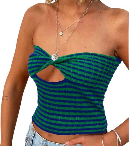 ACOSAP Women's Sexy Crop Top Sleeveless Striped Print Ribbed Knit Stretchy Strapless Tube Top in Saudi Arabia