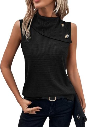 OYOANGLE Women's Solid Button Sleeveless Mock Neck Tank Top Work Office Blouse in Saudi Arabia