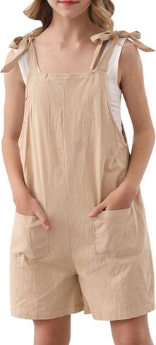 Girls Romper Sleeveless Adjustable Tie-Up Strap Short Jumpsuits Summer Clothes with Pocket 5-12 years in Saudi Arabia