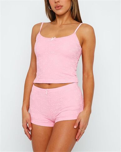 Yuemengxuan Two Piece Outfits for Women Lounge Set Y2k Crop Top Shirt Shorts Set Summer Outfits Loungewear Pajamas Set (Pink #S, S) in Saudi Arabia