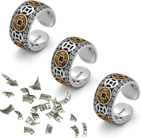 HUASAI 3 Pcs Feng Shui Rings Cooper Coin Ring Protection Wealth Rings Luck Wealth Money Ring Open Cuff Ring Adjustable Silver Ring Jewelry Gift for Men Women in Saudi Arabia