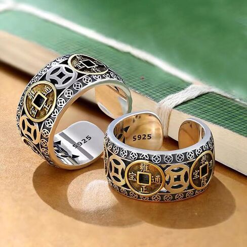 HUASAI 3 Pcs Feng Shui Rings Cooper Coin Ring Protection Wealth Rings Luck Wealth Money Ring Open Cuff Ring Adjustable Silver Ring Jewelry Gift for Men Women in Saudi Arabia