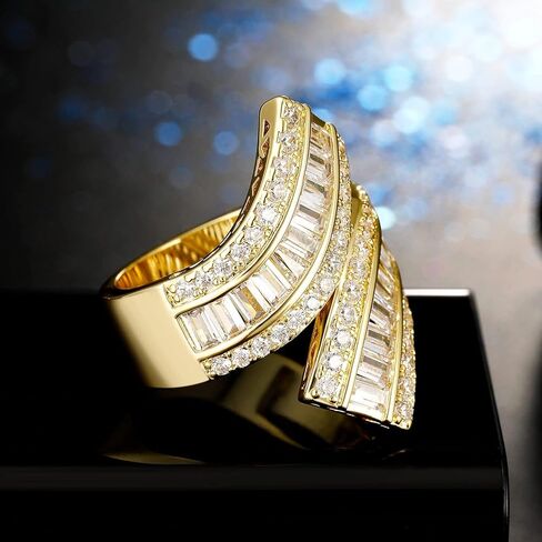 OPOMOMO 18K Gold Plated Baguette Cubic Zirconia Wide Band Cocktail Rings, Double-Band Curved Eternity Ring Unisex Adults (8.5), Brass, Cubic Zirconia in Kuwait