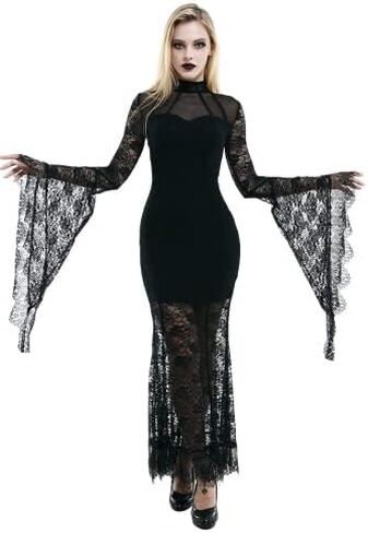 Gothic Punk Women Dress High Collar Lace Long Sleeve Back Hollow Dress Outfit in Saudi Arabia