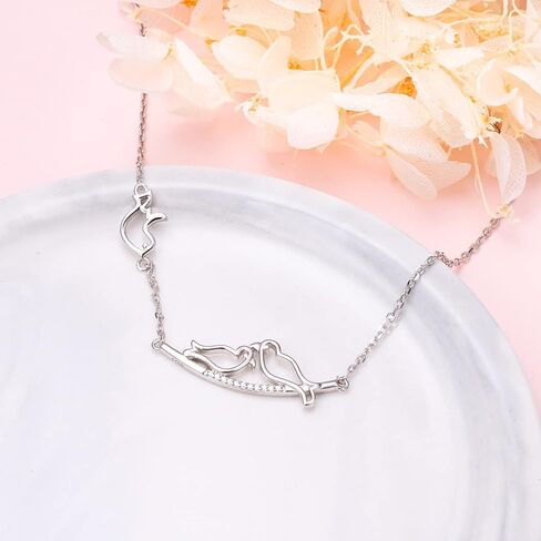 Ladytree S925 Sterling Silver Dainty Simple Animal 3 Birds Mother and Child CZ Choker Necklace,Rolo Chain,16+2 inches, Sterling Silver, Cubic Zirconia in Kuwait