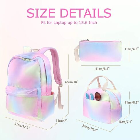 Rainbow Backpack Set 3-in-1 Kids School Bag, Laptop Backpack Lunch Bag Pencil Case Gift for Teen Girls Womens in Kuwait