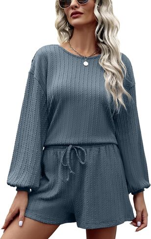 2 Piece Lounge Sets for Women Crew Neck Pajama Sets Long Lantern Sleeve Casual Matching Outfits LoungeWear in Saudi Arabia