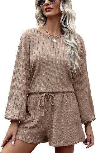 2 Piece Lounge Sets for Women Crew Neck Pajama Sets Long Lantern Sleeve Casual Matching Outfits LoungeWear in Saudi Arabia