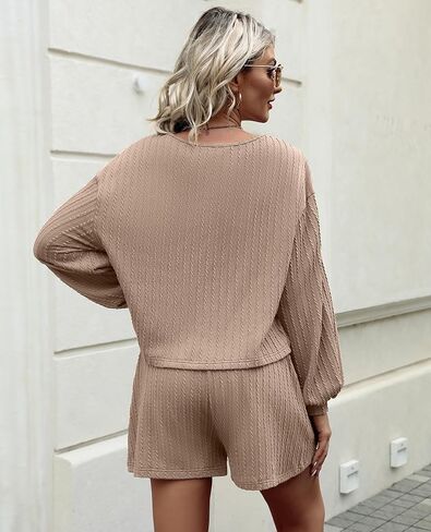 2 Piece Lounge Sets for Women Crew Neck Pajama Sets Long Lantern Sleeve Casual Matching Outfits LoungeWear in Saudi Arabia