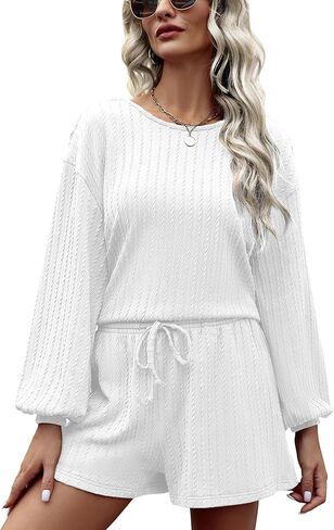 2 Piece Lounge Sets for Women Crew Neck Pajama Sets Long Lantern Sleeve Casual Matching Outfits LoungeWear in Saudi Arabia