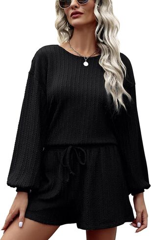 2 Piece Lounge Sets for Women Crew Neck Pajama Sets Long Lantern Sleeve Casual Matching Outfits LoungeWear in Saudi Arabia