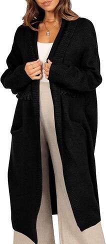 سترة نسائية من Langwyqu مفتوحة من الأمام ومزودة بشراشيب وأكمام طويلة للخريف سترة فضفاضة خارجية مع جيوب in Kuwait