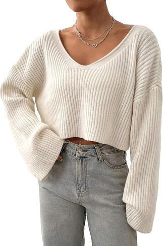Floerns Women's Long Sleeve Pullover V Neck Drop Shoulder Rib Knit Sweaters Top in Saudi Arabia