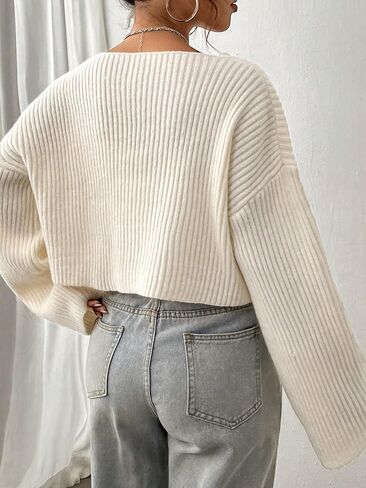 Floerns Women's Long Sleeve Pullover V Neck Drop Shoulder Rib Knit Sweaters Top in Saudi Arabia