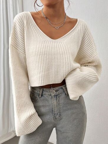 Floerns Women's Long Sleeve Pullover V Neck Drop Shoulder Rib Knit Sweaters Top in Saudi Arabia