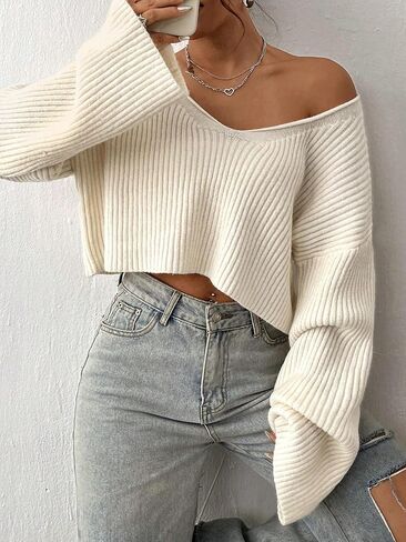 Floerns Women's Long Sleeve Pullover V Neck Drop Shoulder Rib Knit Sweaters Top in Saudi Arabia