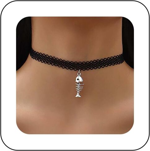 Erimberate Bohemian Black Lace Choker Necklace Silver Fish Bone Pendant Necklace Short Lace Collar Necklace Minimal Lace Fish Bone Necklace Jewelry for Women and Girls Gifts in Kuwait