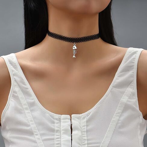 Erimberate Bohemian Black Lace Choker Necklace Silver Fish Bone Pendant Necklace Short Lace Collar Necklace Minimal Lace Fish Bone Necklace Jewelry for Women and Girls Gifts in Kuwait