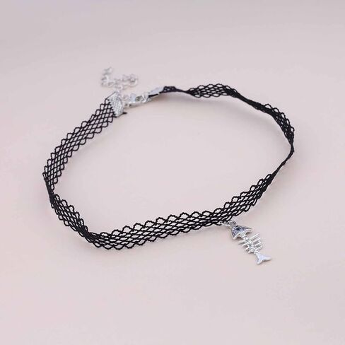Erimberate Bohemian Black Lace Choker Necklace Silver Fish Bone Pendant Necklace Short Lace Collar Necklace Minimal Lace Fish Bone Necklace Jewelry for Women and Girls Gifts in Kuwait