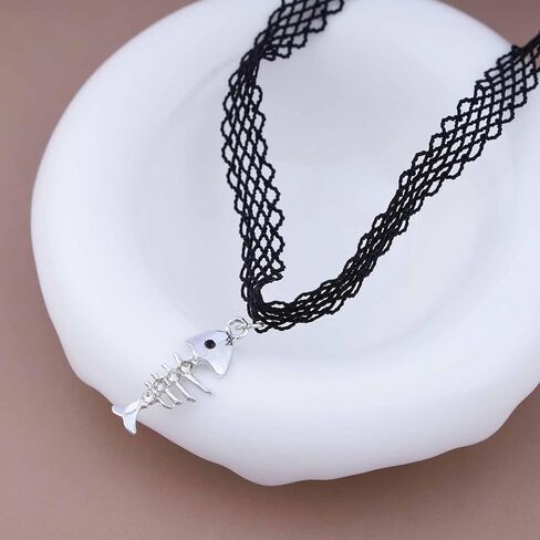 Erimberate Bohemian Black Lace Choker Necklace Silver Fish Bone Pendant Necklace Short Lace Collar Necklace Minimal Lace Fish Bone Necklace Jewelry for Women and Girls Gifts in Kuwait