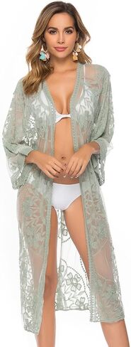Anna-Kaci Women's Embroidered Lace Floral Kimono 3/4 Sleeve Loose Long Cover Up Cardigan in Saudi Arabia