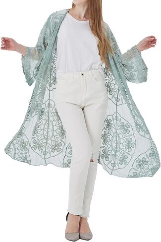 Anna-Kaci Women's Embroidered Lace Floral Kimono 3/4 Sleeve Loose Long Cover Up Cardigan in Saudi Arabia