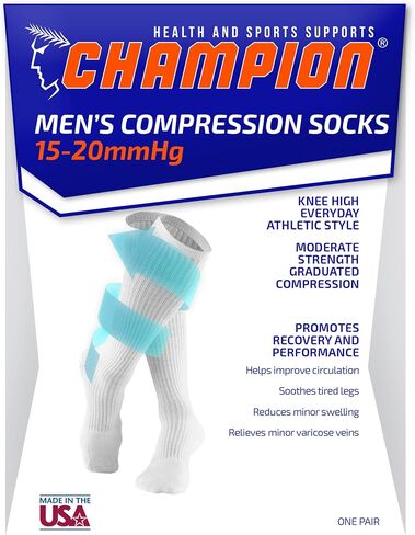 Champion Men's Compression Gym Socks, 15-20 mmHg, Knee High Over Calf Length Athletic Wear for Sports, Black, Medium in Saudi Arabia