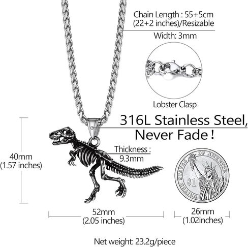 Richsteel التمساح ديناصور الغراب T-Rex الهيكل العظمي قلادة للرجال الشرير الحيوان الأحفوري مجوهرات in Kuwait