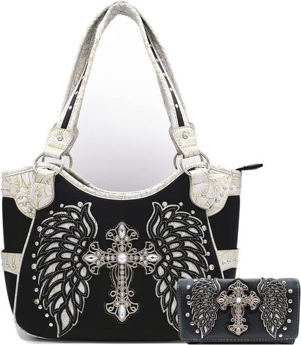 Western Style Rhinestone Cross Studded Laser Cut Wings Tooled Leather Purse Women Handbags Country Shoulder Bag Wallet Set in Kuwait