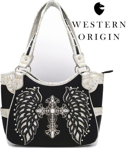 Western Style Rhinestone Cross Studded Laser Cut Wings Tooled Leather Purse Women Handbags Country Shoulder Bag Wallet Set in Kuwait