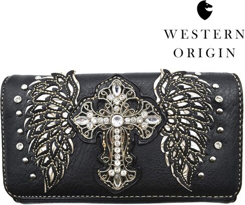 Western Style Rhinestone Cross Studded Laser Cut Wings Tooled Leather Purse Women Handbags Country Shoulder Bag Wallet Set in Kuwait