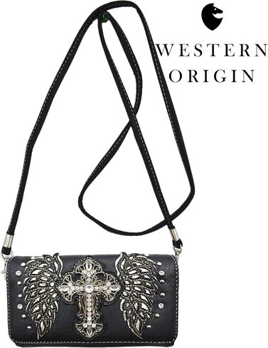 Western Style Rhinestone Cross Studded Laser Cut Wings Tooled Leather Purse Women Handbags Country Shoulder Bag Wallet Set in Kuwait