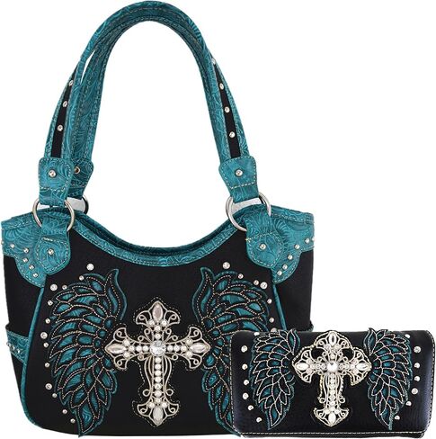 Western Style Rhinestone Cross Studded Laser Cut Wings Tooled Leather Purse Women Handbags Country Shoulder Bag Wallet Set in Kuwait