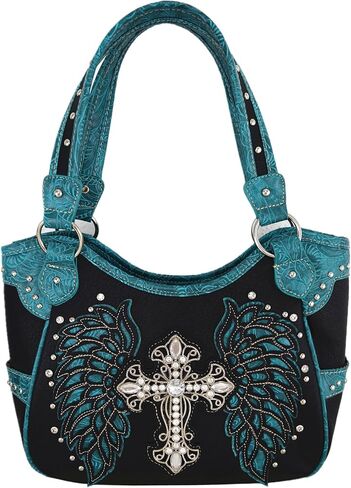 Western Style Rhinestone Cross Studded Laser Cut Wings Tooled Leather Purse Women Handbags Country Shoulder Bag Wallet Set in Kuwait