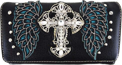 Western Style Rhinestone Cross Studded Laser Cut Wings Tooled Leather Purse Women Handbags Country Shoulder Bag Wallet Set in Kuwait