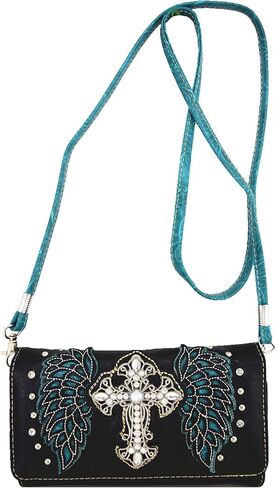 Western Style Rhinestone Cross Studded Laser Cut Wings Tooled Leather Purse Women Handbags Country Shoulder Bag Wallet Set in Kuwait