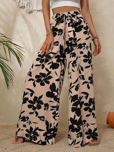 GORGLITTER Women's Wide Leg Palazzo Pants High Waist Tied Belt Flowy Loose Lounge Pants Trousers in Saudi Arabia