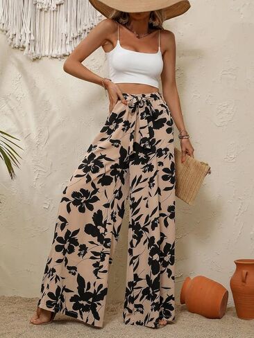 GORGLITTER Women's Wide Leg Palazzo Pants High Waist Tied Belt Flowy Loose Lounge Pants Trousers in Saudi Arabia
