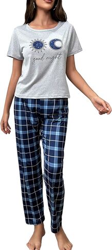 SweatyRocks Women's 2 Piece Pajama Set Short Sleeve Graphic Print Top and Plaid Pants Set in Saudi Arabia