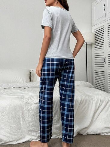SweatyRocks Women's 2 Piece Pajama Set Short Sleeve Graphic Print Top and Plaid Pants Set in Saudi Arabia