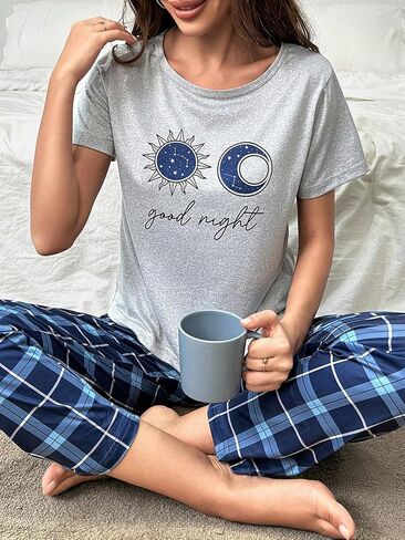 SweatyRocks Women's 2 Piece Pajama Set Short Sleeve Graphic Print Top and Plaid Pants Set in Saudi Arabia